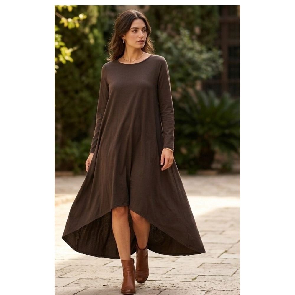SAGA Made in Italy Minerva Hi-Lo Dress Brown‎ Long Sleeve Cotton Lagenlook Boho